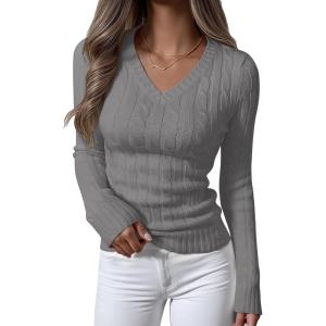 imageANRABESS Womens Long Sleeve Cable Knit Sweater 2025 Fall Fashion V Neck Fitted Pullover Top Business Casual Work Fall OutfitsGrey