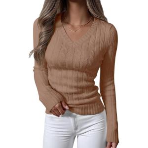 imageANRABESS Womens Long Sleeve Cable Knit Sweater 2025 Fall Fashion V Neck Fitted Pullover Top Business Casual Work Fall OutfitsKhaki Tan