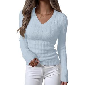 imageANRABESS Womens Long Sleeve Cable Knit Sweater 2025 Fall Fashion V Neck Fitted Pullover Top Business Casual Work Fall OutfitsLight Blue