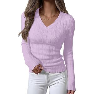 imageANRABESS Womens Long Sleeve Cable Knit Sweater 2025 Fall Fashion V Neck Fitted Pullover Top Business Casual Work Fall OutfitsLight Purple