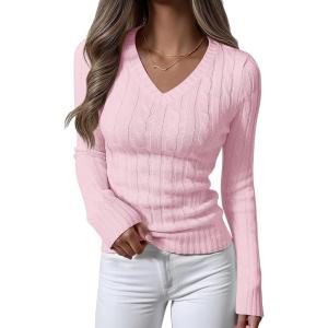 imageANRABESS Womens Long Sleeve Cable Knit Sweater 2025 Fall Fashion V Neck Fitted Pullover Top Business Casual Work Fall OutfitsPink