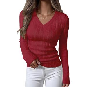 imageANRABESS Womens Long Sleeve Cable Knit Sweater 2025 Fall Fashion V Neck Fitted Pullover Top Business Casual Work Fall OutfitsRed