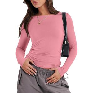 imageANRABESS Womens Long Sleeve Shirts Tight Fitted Going Out Crop Tops Crewneck Basic Tee Y2k Fall Outfits Teens Girls ClothesDark Pink
