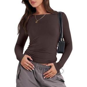 imageANRABESS Womens Long Sleeve Shirts Tight Fitted Going Out Crop Tops Crewneck Basic Tee Y2k Fall Outfits Teens Girls ClothesDeep Brown