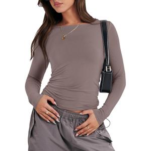 imageANRABESS Womens Long Sleeve Shirts Tight Fitted Going Out Crop Tops Crewneck Basic Tee Y2k Fall Outfits Teens Girls ClothesGrey Khaki