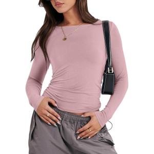 imageANRABESS Womens Long Sleeve Shirts Tight Fitted Going Out Crop Tops Crewneck Basic Tee Y2k Fall Outfits Teens Girls ClothesGrey Pink