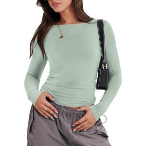 imageANRABESS Womens Long Sleeve Shirts Tight Fitted Going Out Crop Tops Crewneck Basic Tee Y2k Fall Outfits Teens Girls ClothesLight Green