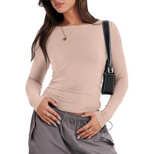 imageANRABESS Womens Long Sleeve Shirts Tight Fitted Going Out Crop Tops Crewneck Basic Tee Y2k Fall Outfits Teens Girls ClothesLight Khaki