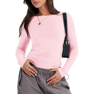 imageANRABESS Womens Long Sleeve Shirts Tight Fitted Going Out Crop Tops Crewneck Basic Tee Y2k Fall Outfits Teens Girls ClothesLight Pink