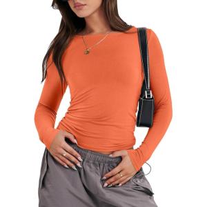 imageANRABESS Womens Long Sleeve Shirts Tight Fitted Going Out Crop Tops Crewneck Basic Tee Y2k Fall Outfits Teens Girls ClothesOrange