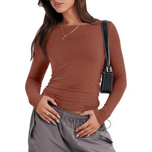 imageANRABESS Womens Long Sleeve Shirts Tight Fitted Going Out Crop Tops Crewneck Basic Tee Y2k Fall Outfits Teens Girls ClothesReddish Brown