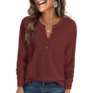 imageANRABESS Womens Long Sleeve Waffle Knit Shirts Dressy Casual Loose Button Up V Neck Henley Tops 2025 Fall Basic Tee BlouseBirck Red