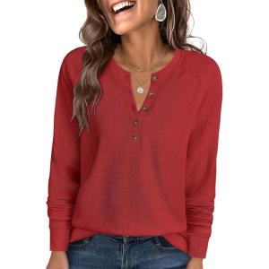 imageANRABESS Womens Long Sleeve Waffle Knit Shirts Dressy Casual Loose Button Up V Neck Henley Tops 2025 Fall Basic Tee BlouseBright Red
