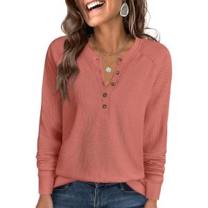 imageANRABESS Womens Long Sleeve Waffle Knit Shirts Dressy Casual Loose Button Up V Neck Henley Tops 2025 Fall Basic Tee BlouseCoral