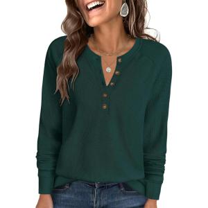 imageANRABESS Womens Long Sleeve Waffle Knit Shirts Dressy Casual Loose Button Up V Neck Henley Tops 2025 Fall Basic Tee BlouseDeep Green