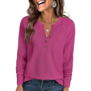 imageANRABESS Womens Long Sleeve Waffle Knit Shirts Dressy Casual Loose Button Up V Neck Henley Tops 2025 Fall Basic Tee BlouseHot Pink