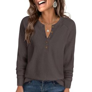 imageANRABESS Womens Long Sleeve Waffle Knit Shirts Dressy Casual Loose Button Up V Neck Henley Tops 2025 Fall Basic Tee BlouseLight Brown
