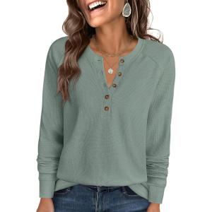 imageANRABESS Womens Long Sleeve Waffle Knit Shirts Dressy Casual Loose Button Up V Neck Henley Tops 2025 Fall Basic Tee BlouseLight Green