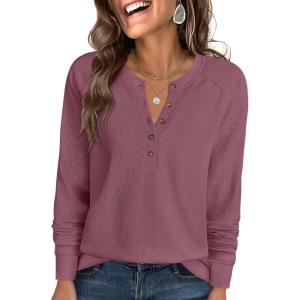 imageANRABESS Womens Long Sleeve Waffle Knit Shirts Dressy Casual Loose Button Up V Neck Henley Tops 2025 Fall Basic Tee BlouseMauve