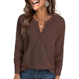 imageANRABESS Womens Long Sleeve Waffle Knit Shirts Dressy Casual Loose Button Up V Neck Henley Tops 2025 Fall Basic Tee BlouseRed Brown