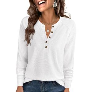 imageANRABESS Womens Long Sleeve Waffle Knit Shirts Dressy Casual Loose Button Up V Neck Henley Tops 2025 Fall Basic Tee BlouseWhite
