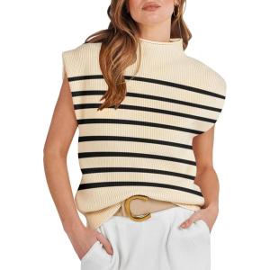 imageANRABESS Womens Mock Neck Sleeveless Sweater Vest Casual Cap Sleeve Knit Pullover Tank Tops 2025 Fall ClothesStripe Beige