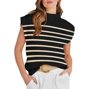 imageANRABESS Womens Mock Neck Sleeveless Sweater Vest Casual Cap Sleeve Knit Pullover Tank Tops 2025 Fall ClothesStripe Black