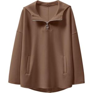 imageANRABESS Womens Oversized Hoodie Quarter Zip Sweatshirts 2025 Fall Winter Tunic Pullover Top Trendy Teen Girls Preppy ClothesBrown
