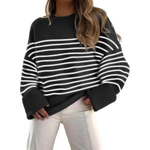 imageANRABESS Womens Oversized Sweaters 2025 Long Sleeve Fuzzy Knit Casual Chunky Pullover Sweater Fall Outfits ClothesBlack White Stripe