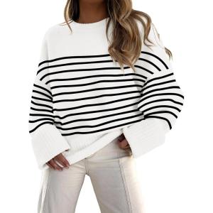 imageANRABESS Womens Oversized Sweaters 2025 Long Sleeve Fuzzy Knit Casual Chunky Pullover Sweater Fall Outfits ClothesBlack White Stripes