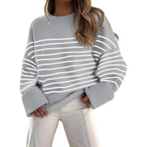 imageANRABESS Womens Oversized Sweaters 2025 Long Sleeve Fuzzy Knit Casual Chunky Pullover Sweater Fall Outfits ClothesGrey White Stripe