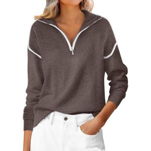 imageANRABESS Womens Quarter Zip Sweaters Fall Long Sleeve V Neck Shirts Collared Business Casual Tops Knit Pullover SweatshirtsCoffee