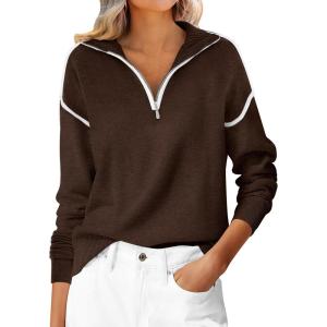 imageANRABESS Womens Quarter Zip Sweaters Fall Long Sleeve V Neck Shirts Collared Business Casual Tops Knit Pullover SweatshirtsDeep Coffee
