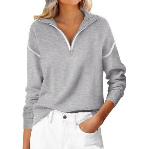 imageANRABESS Womens Quarter Zip Sweaters Fall Long Sleeve V Neck Shirts Collared Business Casual Tops Knit Pullover SweatshirtsGrey