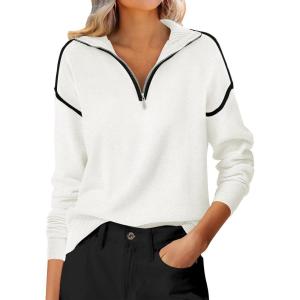 imageANRABESS Womens Quarter Zip Sweaters Fall Long Sleeve V Neck Shirts Collared Business Casual Tops Knit Pullover SweatshirtsWhite