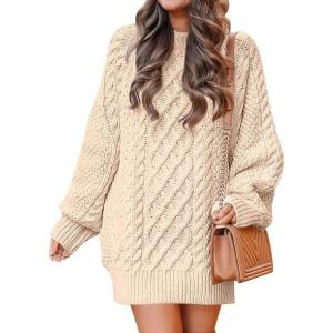imageANRABESS Womens Sweater Dress Oversized Cable Knit Chunky Long Sleeve Short Dresses 2025 Fall Outfits Vacation Winter ClothesApricot