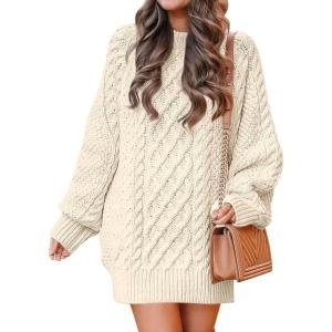 imageANRABESS Womens Sweater Dress Oversized Cable Knit Chunky Long Sleeve Short Dresses 2025 Fall Outfits Vacation Winter ClothesBeige