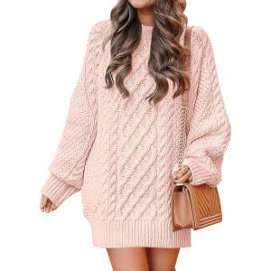 imageANRABESS Womens Sweater Dress Oversized Cable Knit Chunky Long Sleeve Short Dresses 2025 Fall Outfits Vacation Winter ClothesPink