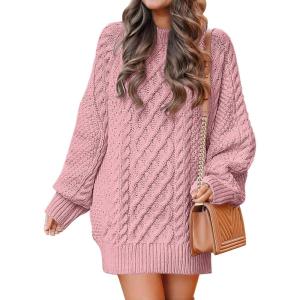 imageANRABESS Womens Sweater Dress Oversized Cable Knit Chunky Long Sleeve Short Dresses 2025 Fall Outfits Vacation Winter ClothesRed Pink
