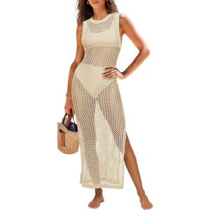imageANRABESS Womens Swimsuit Cover Up Sleeveless Hollow Knit Bikini Swimwear Bathing Suit Coverup Crochet Beach DressBeige