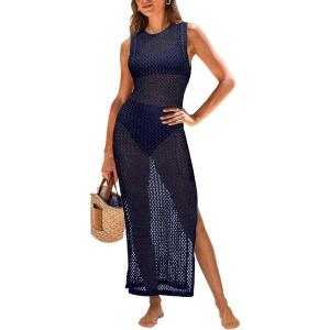 imageANRABESS Womens Swimsuit Cover Up Sleeveless Hollow Knit Bikini Swimwear Bathing Suit Coverup Crochet Beach DressNavy Blue