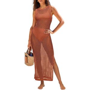 imageANRABESS Womens Swimsuit Cover Up Sleeveless Hollow Knit Bikini Swimwear Bathing Suit Coverup Crochet Beach DressRust