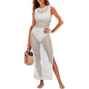 imageANRABESS Womens Swimsuit Cover Up Sleeveless Hollow Knit Bikini Swimwear Bathing Suit Coverup Crochet Beach DressWhite