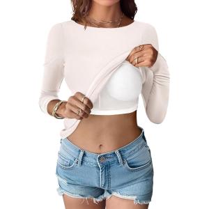 imageANRABESS Womens Thermal Shirts Builtin Bra Long Sleeve Tops Boat Neck Fleece Slim Fitted Basic Tee 2025 Fall Winter OutfitsParchment