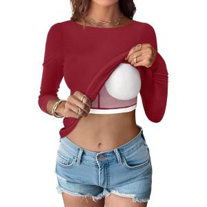 imageANRABESS Womens Thermal Shirts Builtin Bra Long Sleeve Tops Boat Neck Fleece Slim Fitted Basic Tee 2025 Fall Winter OutfitsRed