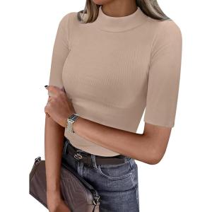 imageANRABESS Womens Tops Mock Neck Half Sleeve Shirts Ribbed Knit Slim Fit Basic Tee 2025 Summer Fall Dressy Casual TShirtsLight Khaki