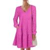 imageANRABESS Long Sleeve V Neck Dresses for Women Eyelet Hollow Out Business Casual Tiered 2025 Fall Mini Dress with PocketsHot Pink