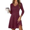 imageANRABESS Women Long Sleeve Ribbed Knit Short Dresses 2025 Fall Winter V Neck Casual Swing A Line Sweater DressBurgundy