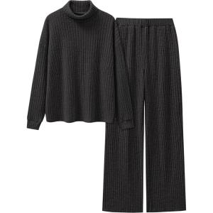 imageANRABESS 2 Piece Lounge Sets for Women Turtleneck Pajama Knit Long Sleeve Tops Pants Matching Pj Set Casual 2025 Fall ClothesBlack