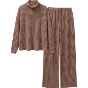 imageANRABESS 2 Piece Lounge Sets for Women Turtleneck Pajama Knit Long Sleeve Tops Pants Matching Pj Set Casual 2025 Fall ClothesBrown